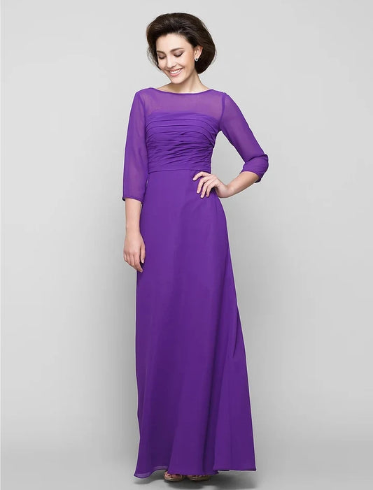 Elegant A-Line Scoop 3/4 Sleeves Ruched Bodice Chiffon Floor-Length Mother of the Bride Dress