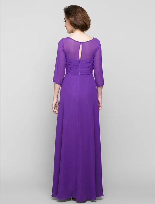 Elegant A-Line Scoop 3/4 Sleeves Ruched Bodice Chiffon Floor-Length Mother of the Bride Dress