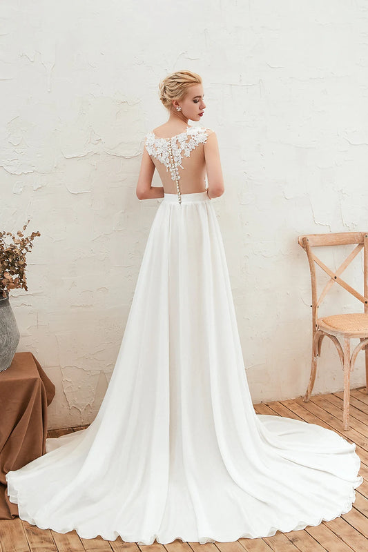 Elegant A-Line Scoop Cap Sleeve Lace Appliques High Slit Chiffon White Floor-Length Wedding Dress
