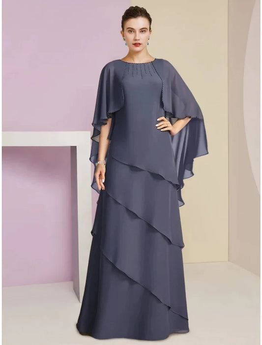 Elegant A-Line Scoop Flutter Sleeve Beaded Chiffon Floor-Length Mother of the Bride Dress