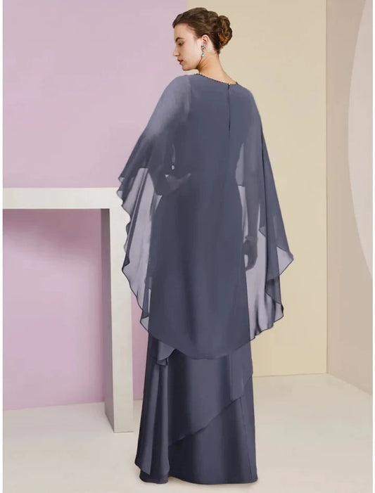 Elegant A-Line Scoop Flutter Sleeve Beaded Chiffon Floor-Length Mother of the Bride Dress