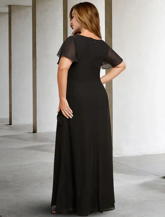 Elegant A-Line Scoop Flutter Sleeve Draped Embellished Chiffon Black Floor-Length Mother of the Bride Dress