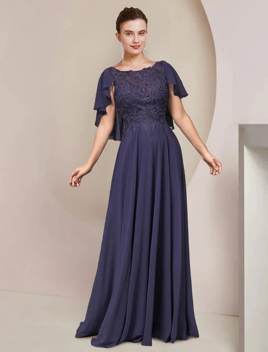 Elegant A-Line Scoop Flutter Sleeve Lace Bodice Chiffon Floor-Length Mother of the Bride Dress