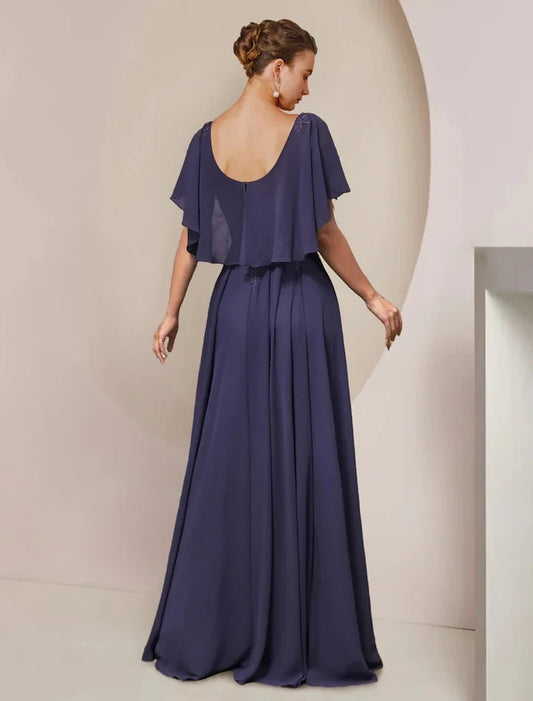 Elegant A-Line Scoop Flutter Sleeve Lace Bodice Chiffon Floor-Length Mother of the Bride Dress