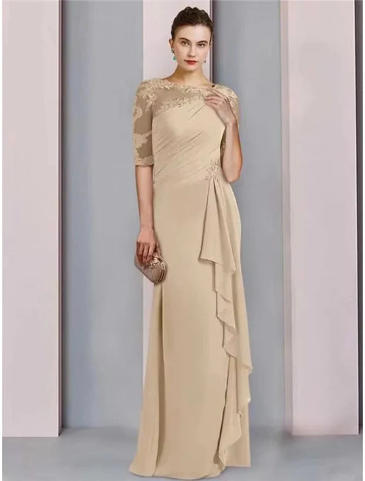 Elegant A-Line Scoop Half Sleeve Draped Lace Chiffon Champagne Floor-Length Mother of the Bride Dress