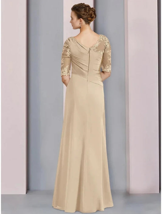 Elegant A-Line Scoop Half Sleeve Draped Lace Chiffon Champagne Floor-Length Mother of the Bride Dress