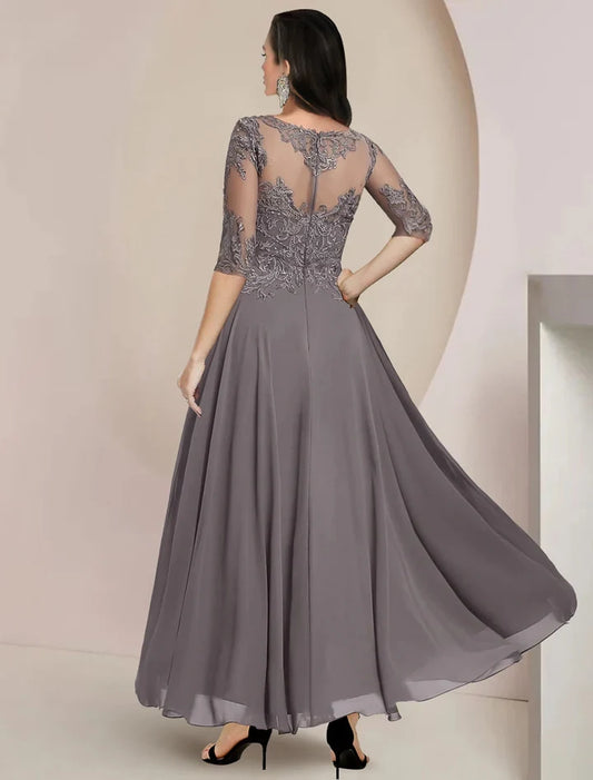 Elegant A-Line Scoop Half Sleeve Lace Applique Chiffon Mother of the Bride Dress