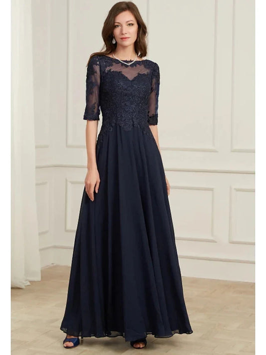 Elegant A-Line Scoop Half Sleeve Lace Bodice Chiffon Floor-Length Mother of the Bride Dress