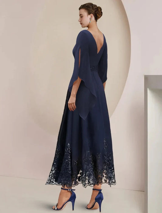 Elegant A-Line Scoop Half Sleeve Lace Chiffon Mother of the Bride Dress