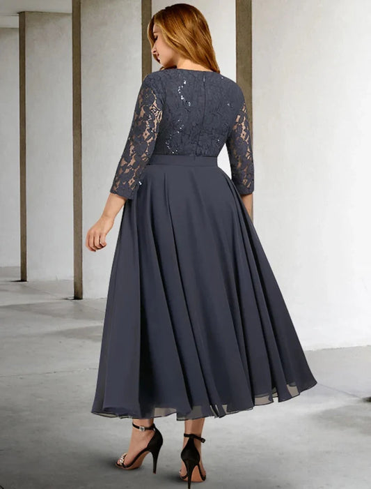 Elegant A-Line Scoop Neck 3/4 Sleeve Lace Chiffon Tea-Length Mother of the Bride Dress
