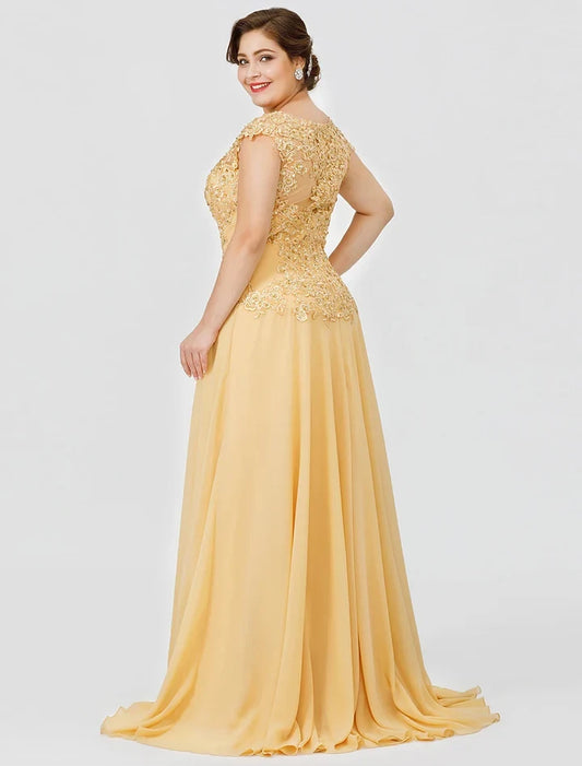Elegant A-Line Scoop Neck Cap Sleeves Lace Chiffon Floor-Length Mother of the Bride Dress