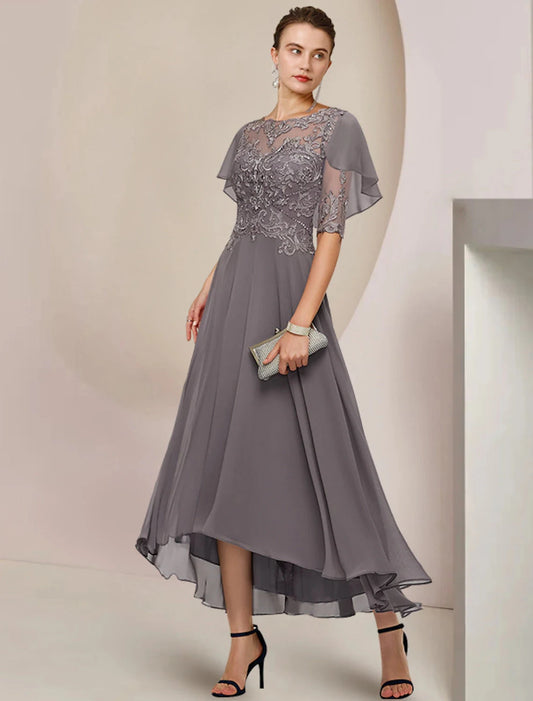 Elegant A-Line Scoop Neck Flutter Sleeves Lace Bodice Chiffon High Low Mother of the Bride Dress
