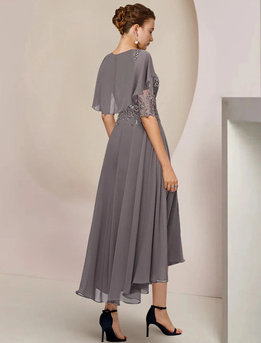 Elegant A-Line Scoop Neck Flutter Sleeves Lace Bodice Chiffon High Low Mother of the Bride Dress