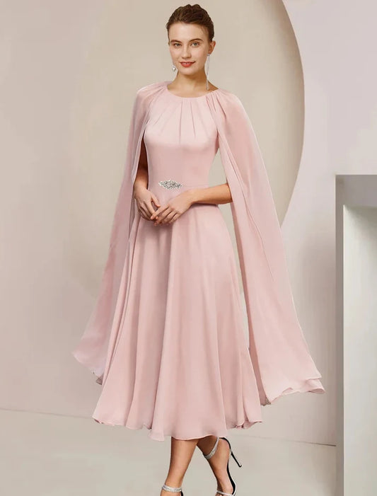 Elegant A-Line Scoop Neck Sleeveless Flowy Chiffon Tea-Length Mother of the Bride Dress