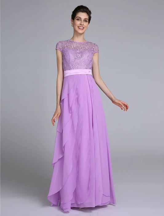 Elegant A-Line Scoop Short Sleeve Layered Lace Chiffon Floor-Length Mother of the Bride Dress