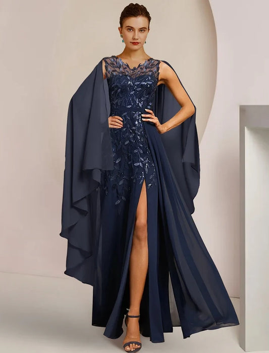 Elegant A-Line Scoop Sleeveless Sequined Cape Chiffon Floor-Length Mother of the Bride Dress with Slit