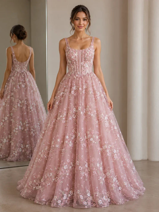 Elegant A-Line Sleeveless Floral Applique Lace Floor-Length Prom Dress