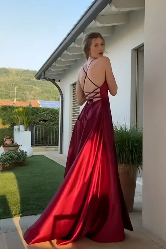 Elegant A-Line Spaghetti Straps Sleeveless High Slit Lace-Up Back Satin Floor-Length Party Dress