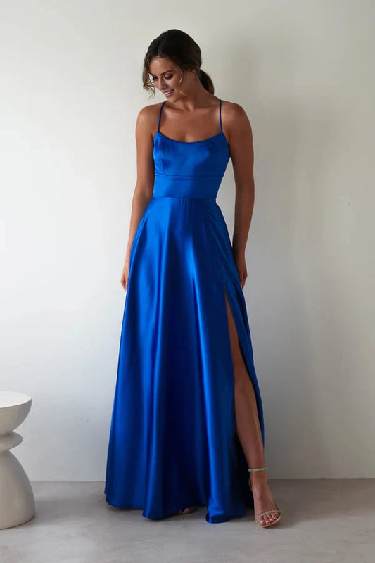 Elegant A-Line Spaghetti Straps Sleeveless High Slit Satin Royal Blue Floor-Length Prom Dress