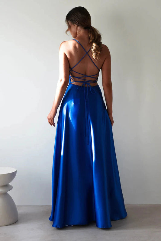 Elegant A-Line Spaghetti Straps Sleeveless High Slit Satin Royal Blue Floor-Length Prom Dress