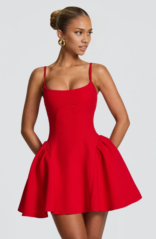 Elegant A-Line Spaghetti Straps Sleeveless Pleated Short Red Party Dress