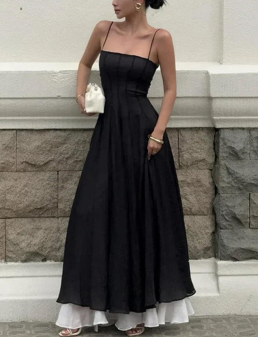 Elegant A-Line Spaghetti Straps Square Sleeveless Layered Black Evening Dress