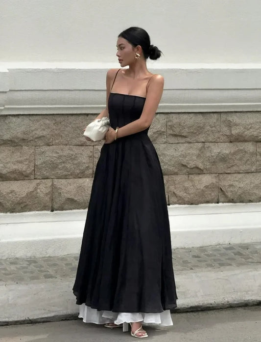 Elegant A-Line Spaghetti Straps Square Sleeveless Layered Black Evening Dress