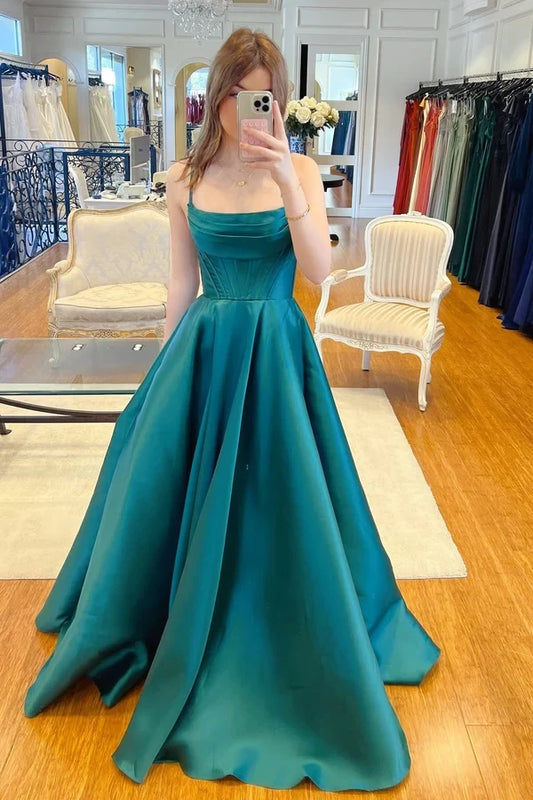 Elegant A-Line Spaghetti Straps Sweetheart Sleeveless Draped Bodice Corset Style Satin Floor-Length Prom Dress