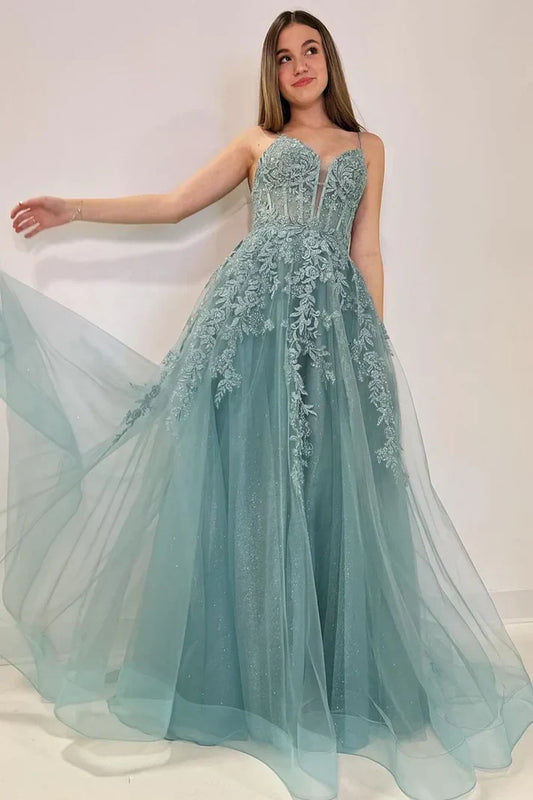 Elegant A-Line Spaghetti Straps Sweetheart Sleeveless Lace-Up Tulle Floor-Length Prom Dress