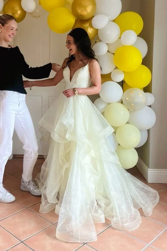 Elegant A-Line Spaghetti Straps V-Neck Sleeveless Layered Tulle Long Prom Dress