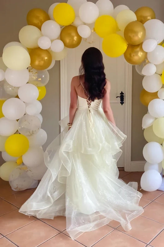 Elegant A-Line Spaghetti Straps V-Neck Sleeveless Layered Tulle Long Prom Dress