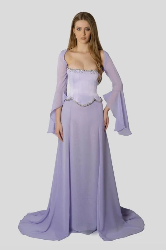Elegant A-Line Square Long Sleeve Beaded Chiffon Long Prom Dress
