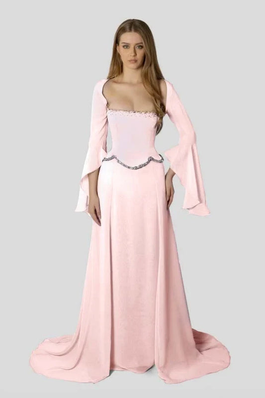 Elegant A-Line Square Long Sleeve Beaded Chiffon Long Prom Dress