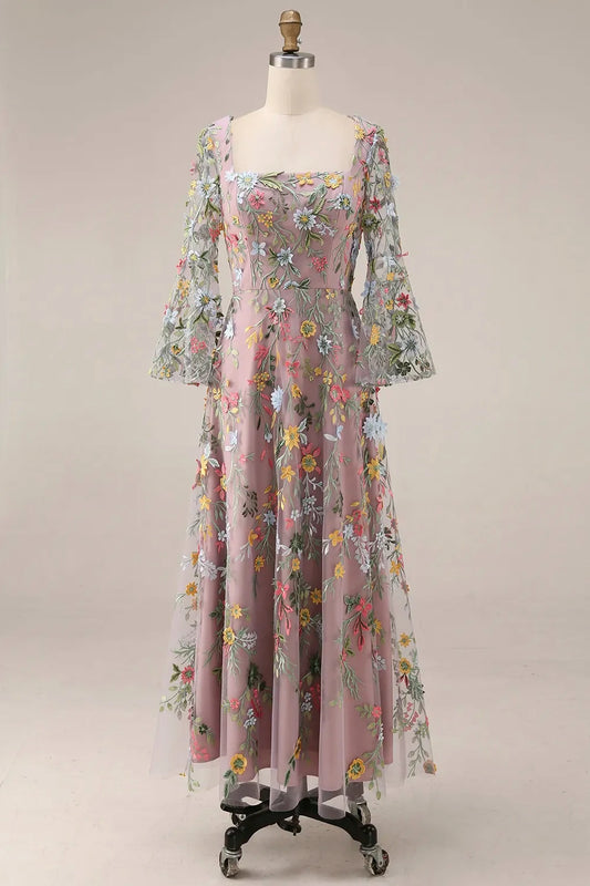 Elegant A-Line Square Neck 3/4 Sleeve Floral Embroidered Tulle Tea-Length Prom Dress