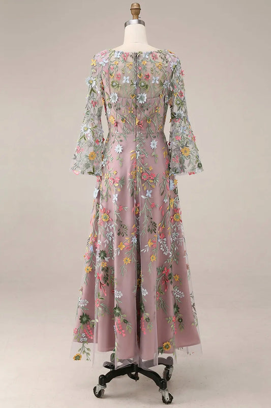 Elegant A-Line Square Neck 3/4 Sleeve Floral Embroidered Tulle Tea-Length Prom Dress