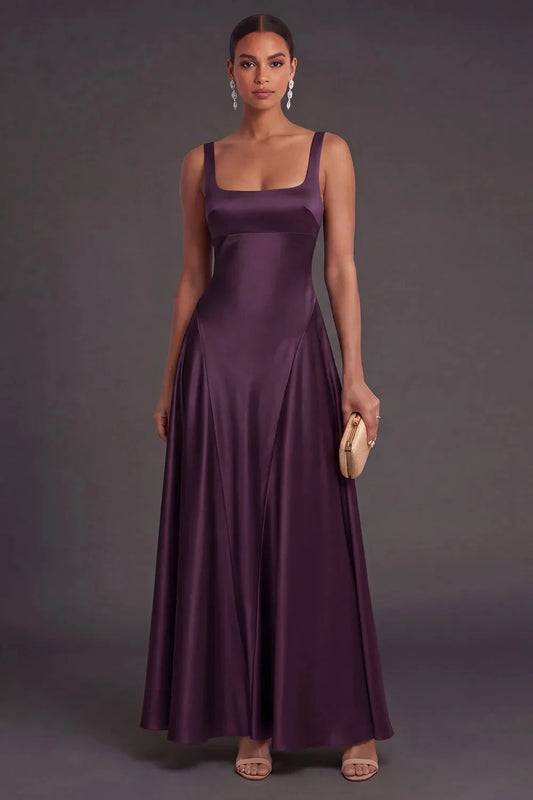 Elegant A-Line Square Neck Sleeveless Chic Straps Satin Mulberry Floor-Length Prom Dress