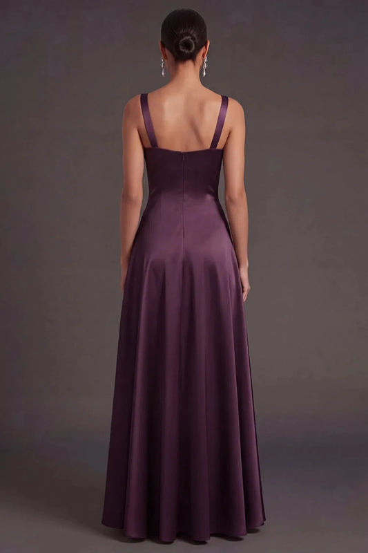 Elegant A-Line Square Neck Sleeveless Chic Straps Satin Mulberry Floor-Length Prom Dress