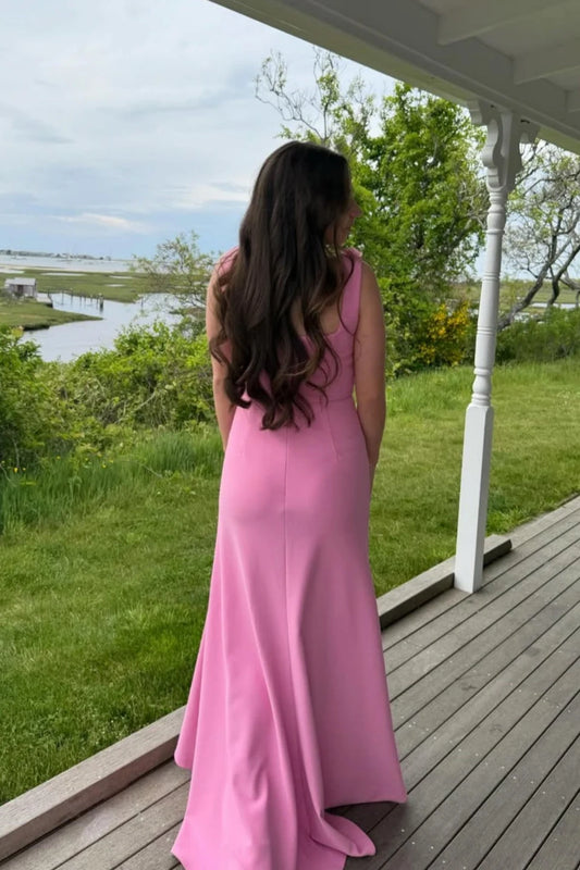 Elegant A-Line Square Neck Sleeveless Floral Applique Slit Satin Pink Floor-Length Prom Dress