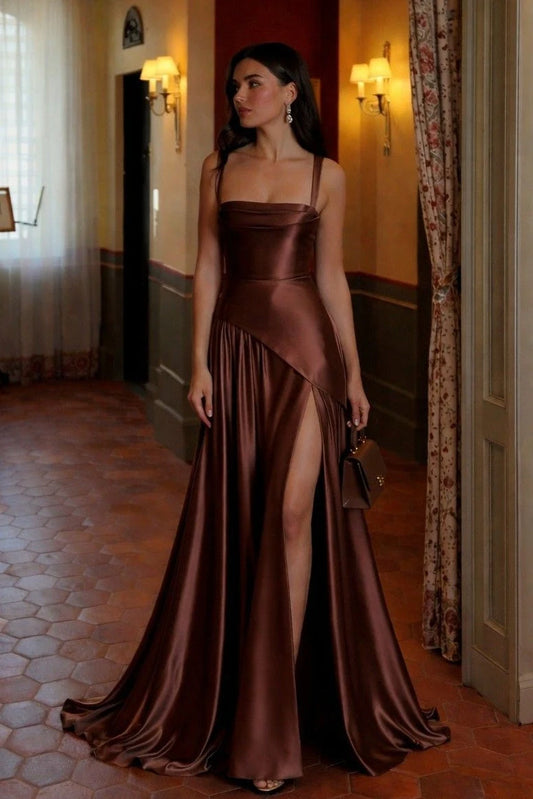 Elegant A-Line Square Neck Sleeveless High Slit Draped Satin Chocolate Floor-Length Evening Gown