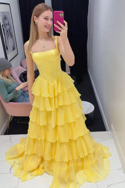 Elegant A-Line Square Neck Sleeveless Ruffled Tiered Chiffon Daffodil Floor-Length Prom Dress