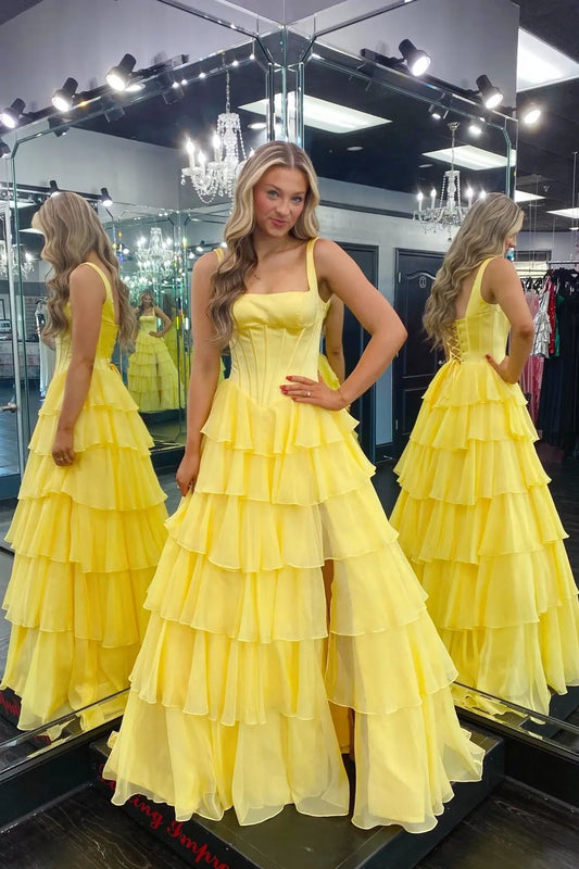 Elegant A-Line Square Neck Sleeveless Ruffled Tiered Chiffon Daffodil Floor-Length Prom Dress