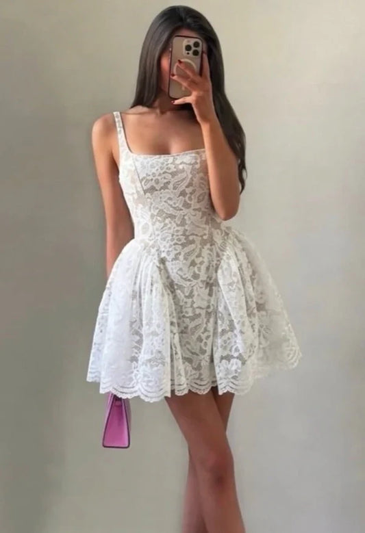 Elegant A-Line Square Neck Sleeveless Summer Short Party Homecoming Dress