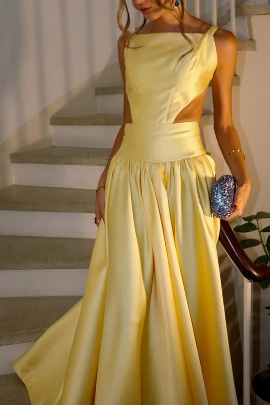 Elegant A-Line Square Sleeveless Cutout Waist Satin Floor-Length Prom Dress