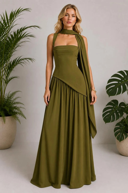 Elegant A-Line Square Sleeveless High Slit Asymmetric Chiffon Sage Floor-Length Prom Dress