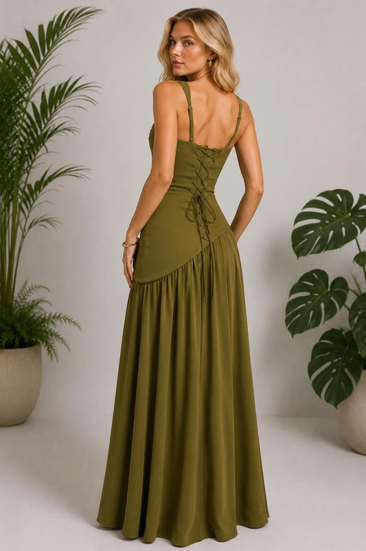 Elegant A-Line Square Sleeveless High Slit Asymmetric Chiffon Sage Floor-Length Prom Dress