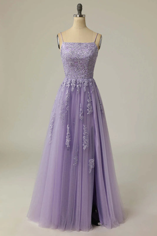 Elegant A-Line Square Sleeveless Lace Applique Slit Tulle Lavender Floor-Length Prom Dress