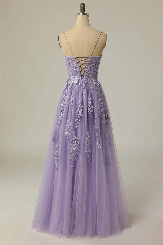 Elegant A-Line Square Sleeveless Lace Applique Slit Tulle Lavender Floor-Length Prom Dress