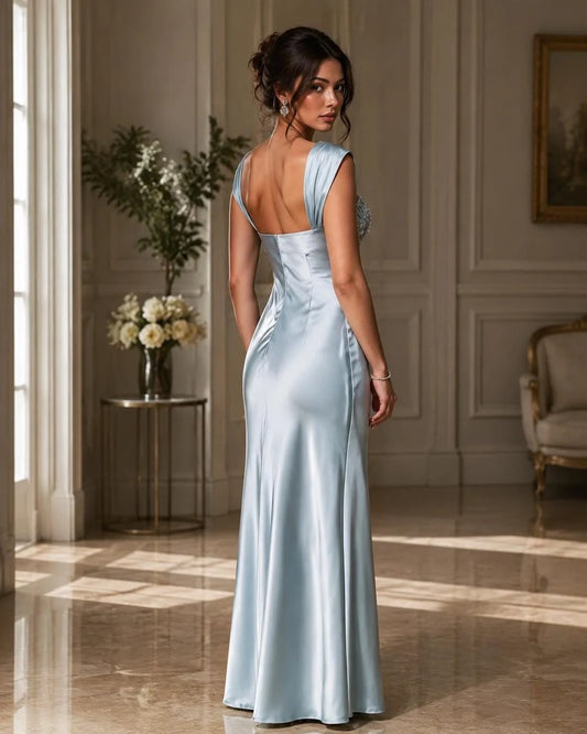 Elegant A-Line Square Sleeveless Sequin Bodice Satin Sky Blue Floor-Length Evening Gown