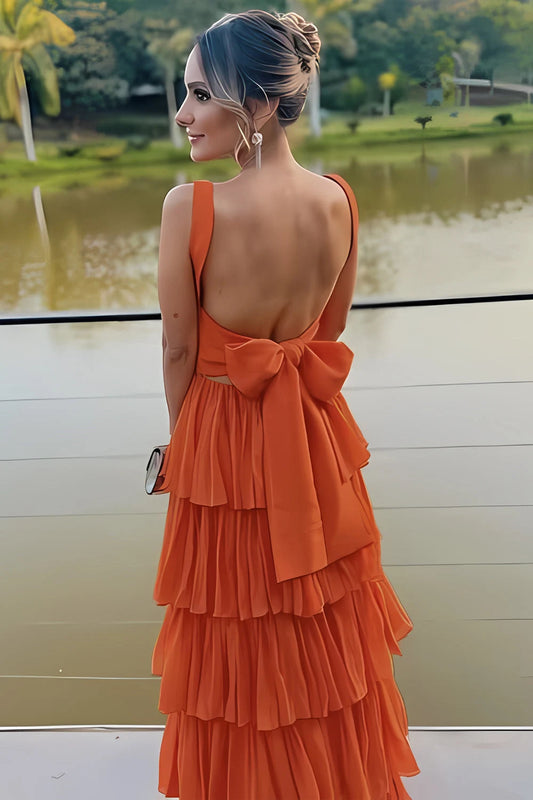 Elegant A-Line Square Sleeveless Tiered Ruffle Back Bow Chiffon Orange Floor-Length Evening Dress