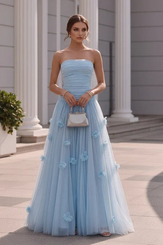 Elegant A-Line Strapless Ruched Tulle Sky Blue Floor-Length Prom Dress